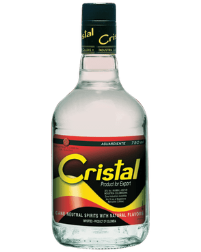 Image of a bottle of Cristal Aguardiente Rum featuring a sleek design with a red label and yellow accents.