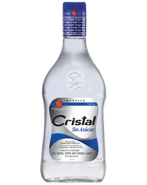 Image of a bottle of Cristal Sin Azúcar Rum featuring a sleek design with a silver label and black and blue accents.