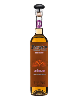 Image of a bottle of Demetrio Anejo Tequila, featuring a sleek design with a brown label and black and pink accents.