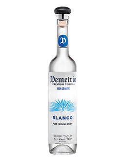 Image of a bottle of Demetrio Blanco Tequila, featuring a sleek design with a white label and blue accents.