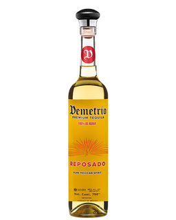 Image of a bottle of Demetrio Reposado Tequila, featuring a sleek design with an orange label and red accents.