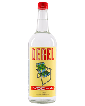 Image of a bottle of Derel Vodka featuring a sleek design with a yellow label containing a blue and green fold out chair, and red and white accents.