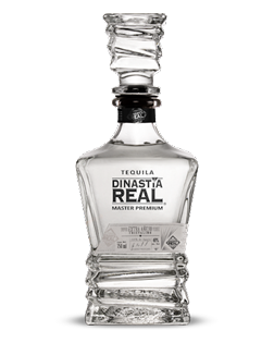 Image of a bottle of Dinastía Real Extra Añejo Cristalino Tequila, featuring a sleek design with a clear label and black accents.