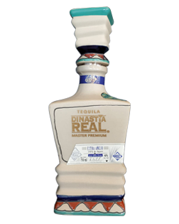 Image of a bottle of Dinastía Real Extra Añejo Ceramic Tequila, featuring a ceramic design with a clear label and gold accents.