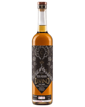 Image of a bottle of Divino Single Barrel Mezcal featuring a slick design with a black label and bronze accents.