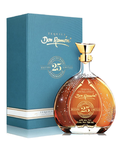 Image of a bottle of Don Ramón Limited Edition Extra Añejo 25th Anniversary Tequila featuring a slick design with a clear label and gold accents.