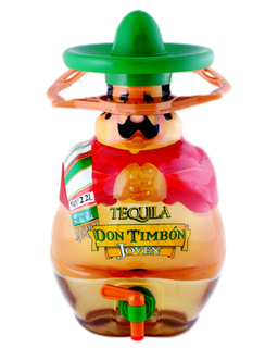 Image of a bottle of Don Timbon Tequila, featuring a man in a sombrero design with an aged label and green accents.