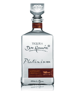 Image of a bottle of Don Ramón Platinum Cristalino Reposado Tequila featuring a slick design with a clear label and silver and red accents.