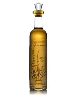 Image of a bottle of Don Ramón Punta Diamante Reposado Tequila featuring a slick design with a gold label and bronze accents.