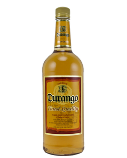 Image of a bottle of Durango Premium Gold Tequila, featuring a sleek design with an orange label and black accents.