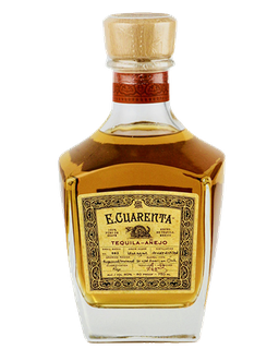 Image of a bottle of E. Cuarenta Añejo Tequila, featuring a sleek design with a gold label and black accents.