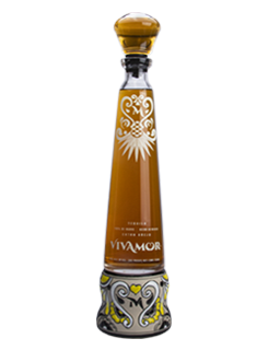 Image of a bottle of Vivamor Extra Añejo Tequila featuring a slick design with a clear label and white accents.