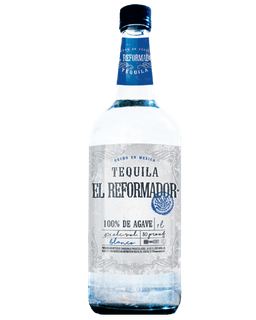 Image of a bottle of El Reformador Blanco Tequila, featuring a sleek design with a white label with silver and blue accents.