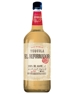 Image of a bottle of El Reformador Gold Tequila, featuring a sleek design with a light gold label with bronze and red accents.