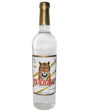 Image of a bottle of El Tigre Rum featuring a sleek design with a white label with an orange and black tiger and red and gold accents.