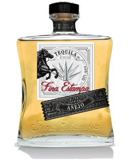 Image of a bottle of Fine Estampa Añejo Tequila, featuring a sleek design with a white label and black and red accents.