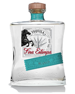 Image of a bottle of Fine Estampa Blanco Tequila, featuring a sleek design with a white label and black, red, and blue accents.