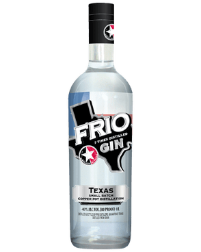 Image of a bottle of Frio Gin featuring a sleek design with black a label in the shape of the state of Texas and silver accents.