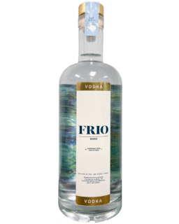 Image of a bottle of Frio River Vodka featuring a sleek design with a white label and gold accents.