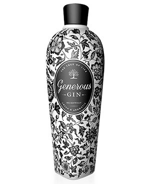 Image of a bottle of Generous Gin featuring a sleek design with a black label and white accents.