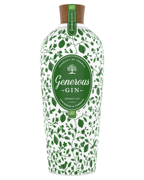 Image of a bottle of Generous Organic Gin featuring a sleek design with a green label and white accents.