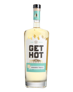 Image of a bottle of Get Hot Tequila featuring a slick design with a white label and black, and teal accents.