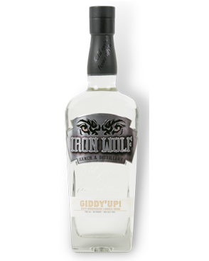 Image of a bottle of Iron Wolf Giddy'Up Vodka featuring a sleek design with a silver wolf label and black accents.