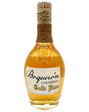 Image of a bottle of Boquerón Gold Rum featuring a sleek design with an aged white label and gold and black accents.