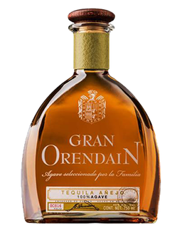 Image of a bottle of Gran Orendain Anejo Tequila, featuring a sleek design with a clear label and white accents.