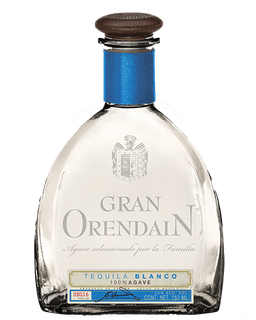 Image of a bottle of Gran Orendain Blanco Tequila, featuring a sleek design with a clear label and silver accents.