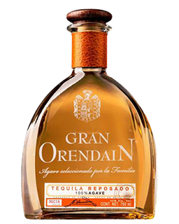 Image of a bottle of Gran Orendain Reposado Tequila, featuring a sleek design with a clear label and white accents.