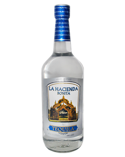 Image of a bottle of Hacienda Bonita Blanco Tequila, featuring a sleek design with a white label and blue accents.