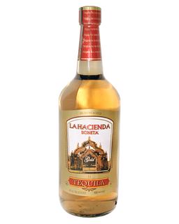 Image of a bottle of Hacienda Bonita Gold Tequila, featuring a sleek design with a white and gold label with red accents.