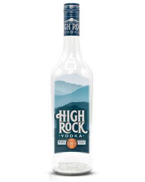 Image of a bottle of High Rock Vodka featuring a sleek design with a blue mountain background label and white accents.