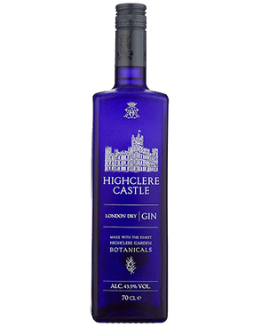 Image of a blue bottle of Highclere Castle Gin featuring a sleek design with a clear label and black and white accents.