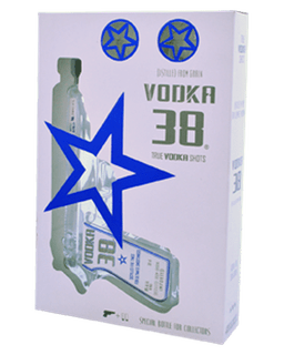 Image of a box containing a bottle of Hijos de Villa Vodka with a gun bottle shape featuring a sleek design with a white label and blue and silver accents.