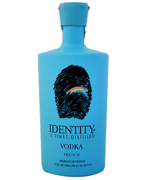 Image of a blue bottle of Identity Vodka featuring a sleek design with black lettering.