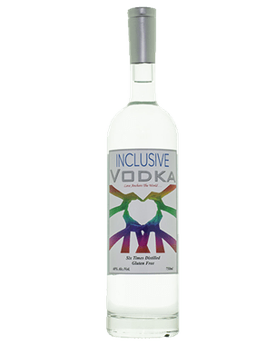 Image of a bottle of Inclusive Vodka featuring a sleek design with a white label containing a heartt made of hands in all colors of the rainbow.