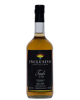 Image of a bottle of Inclusivo Añejo Tequila, featuring a sleek design with a black label and white accents.