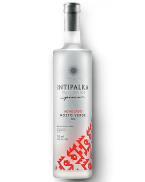 Image of a bottle of Intipalka Acholado Rum featuring a sleek design with a clear label and black and red accents.