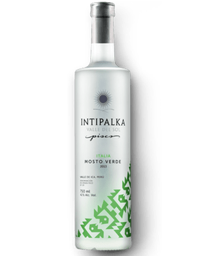 Image of a bottle of Intipalka Italia Rum featuring a sleek design with a clear label and black and green accents.