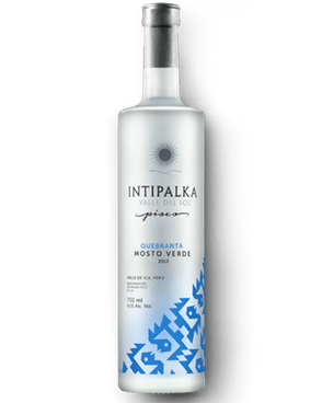 Image of a bottle of Intipalka Quebranta Rum featuring a sleek design with a clear label and black and blue accents.