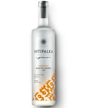 Image of a bottle of Intipalka Torontel Rum featuring a sleek design with a clear label and black and orange accents.