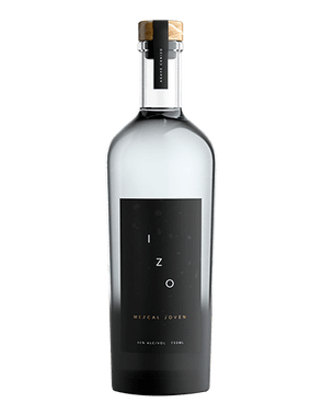 Image of a bottle of Izo Mezcal featuring a sleek design with a black label and white and gold accents.