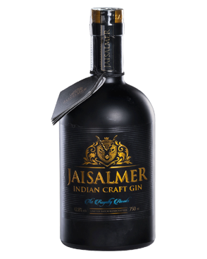 Image of a black bottle of Jaisalmer Gin featuring a sleek design with a clear label and gold accents.