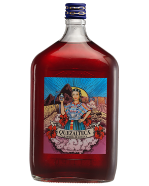 Image of a bottle of Quezalteca Rosa de Jamaica Rum featuring a sleek design with a colorful label with blue, pink, yellow, brown, red, and white. It also features a woman holding a bottle.