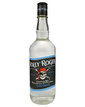 Image of a bottle of Jolly Roger Coconut Rum featuring a sleek design with a black label with a white pirate skull and bones with white and blue accents.