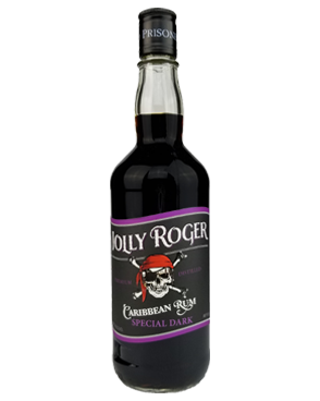 Image of a bottle of Jolly Roger Special Dark Rum featuring a sleek design with a black label with a white pirate skull and bones with white and purple accents.