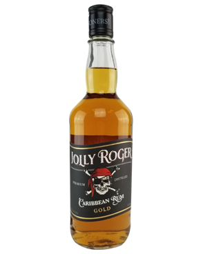 Image of a bottle of Jolly Roger Gold Rum featuring a sleek design with a black label with a white pirate skull and bones with white accents.