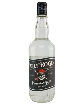 Image of a bottle of Jolly Roger Silver Rum featuring a sleek design with a black label with a white pirate skull and bones with white accents.